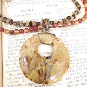 90s Natural Stone & Large Pendant Necklace Chakra Healing Donut Bead Layered